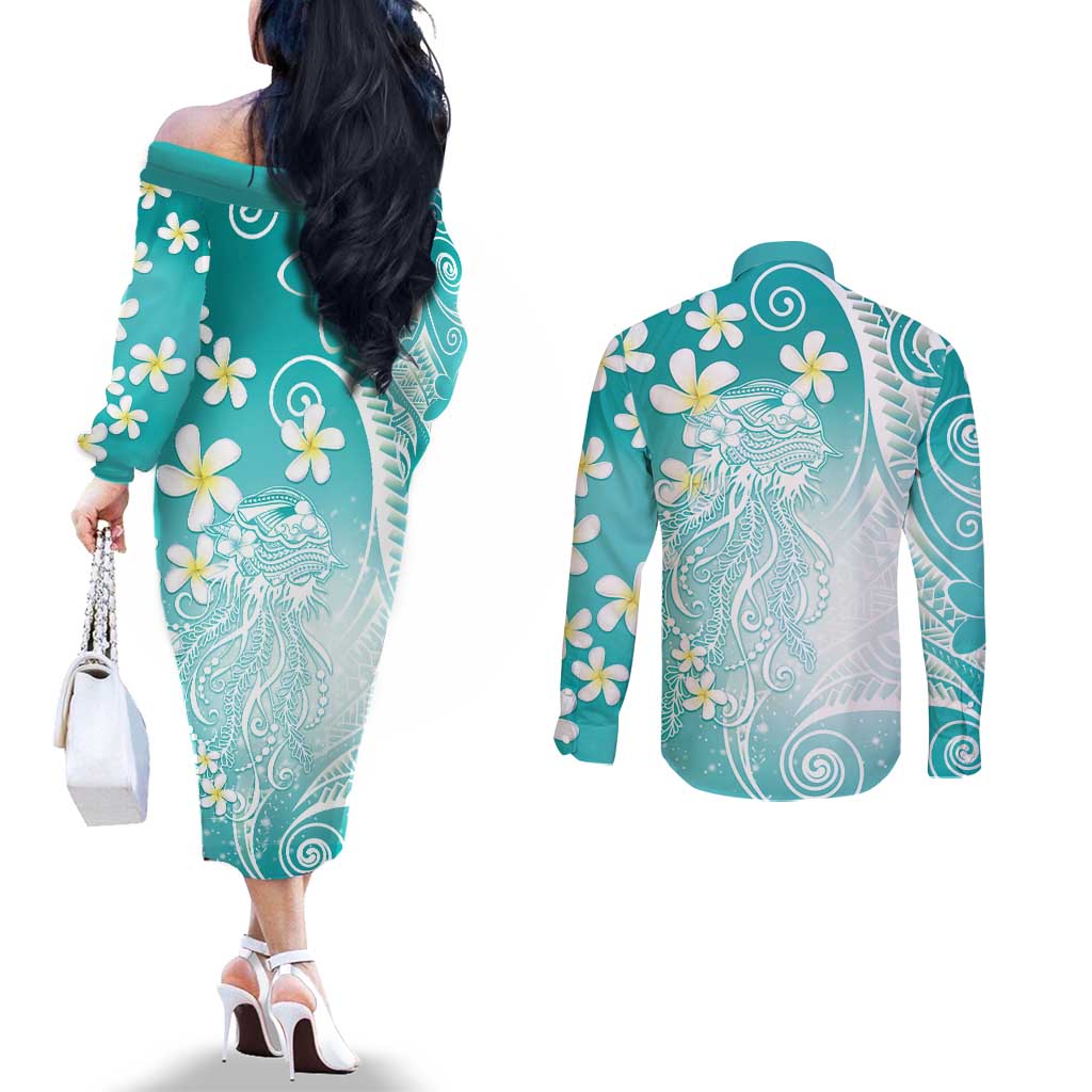 Polynesian Jellyfish Couples Matching Off The Shoulder Long Sleeve Dress and Long Sleeve Button Shirt With Plumeria Teal LT05 - Polynesian Pride