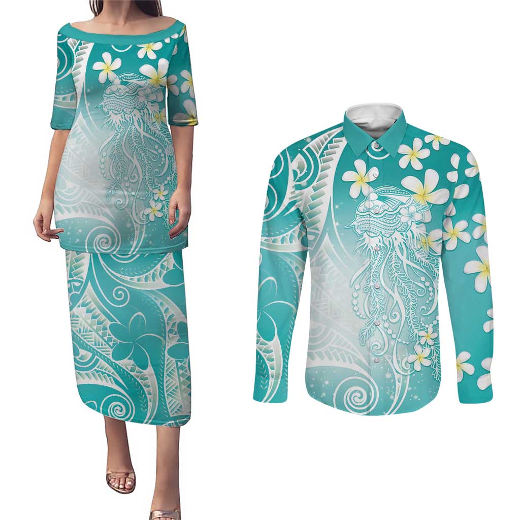 Polynesian Jellyfish Couples Matching Puletasi and Long Sleeve Button Shirt With Plumeria Teal LT05 Teal - Polynesian Pride