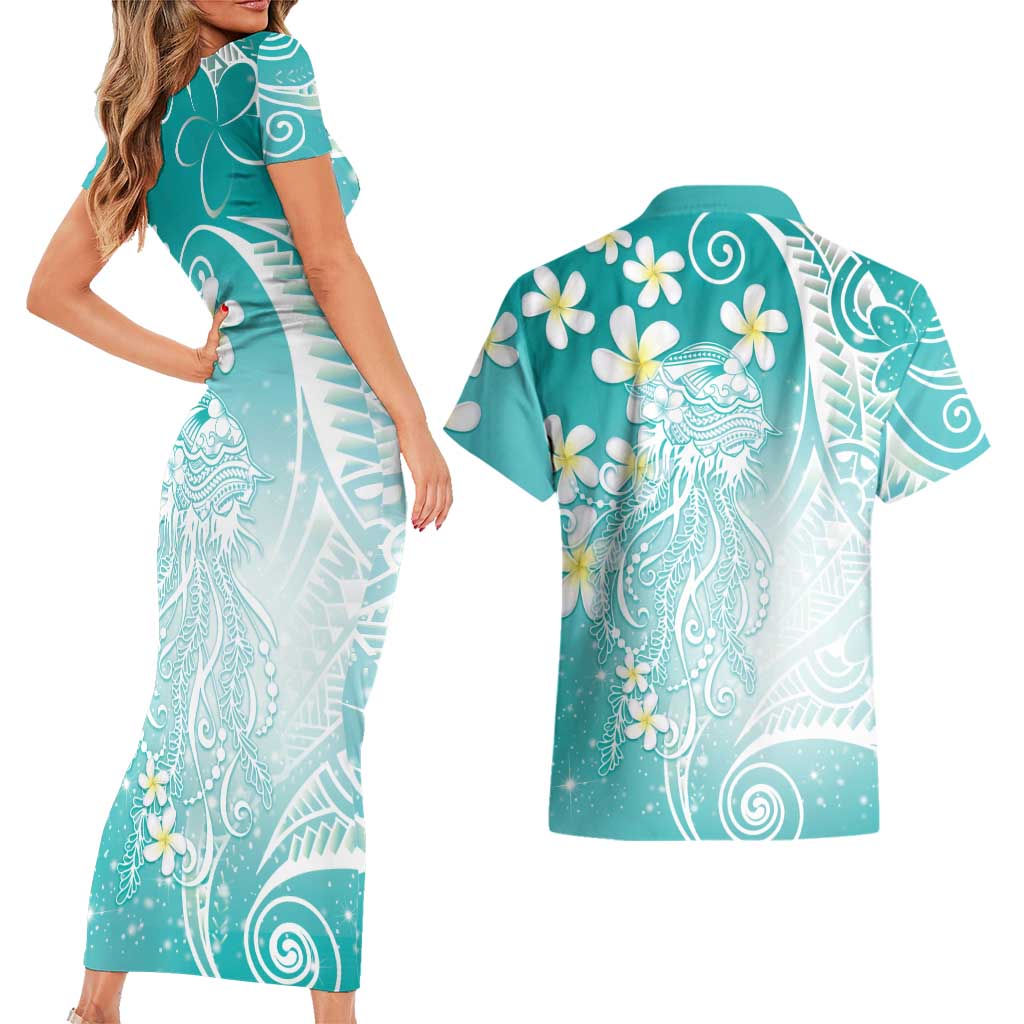 Polynesian Jellyfish Couples Matching Short Sleeve Bodycon Dress and Hawaiian Shirt With Plumeria Teal LT05 - Polynesian Pride