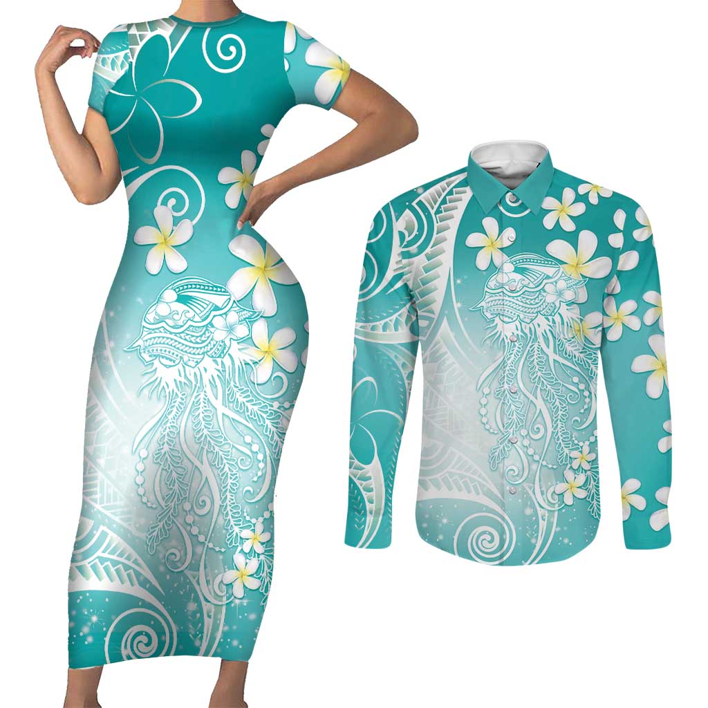 Polynesian Jellyfish Couples Matching Short Sleeve Bodycon Dress and Long Sleeve Button Shirt With Plumeria Teal LT05 Teal - Polynesian Pride
