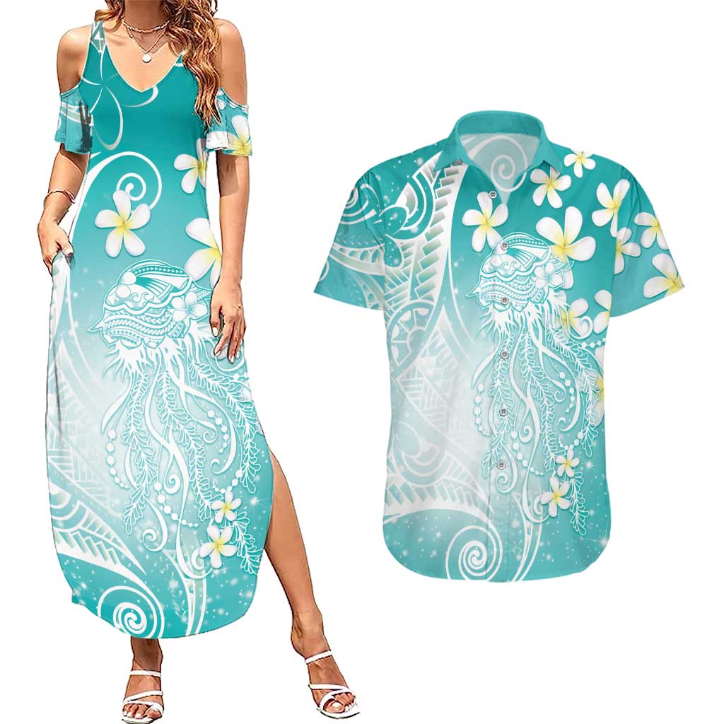 Polynesian Jellyfish Couples Matching Summer Maxi Dress and Hawaiian Shirt With Plumeria Teal LT05 Teal - Polynesian Pride