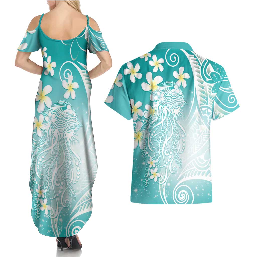 Polynesian Jellyfish Couples Matching Summer Maxi Dress and Hawaiian Shirt With Plumeria Teal LT05 - Polynesian Pride