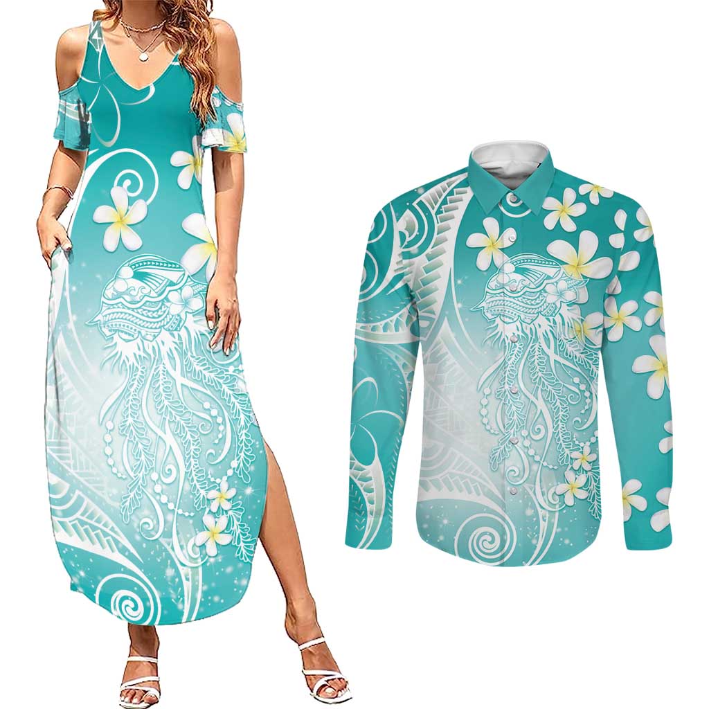 Polynesian Jellyfish Couples Matching Summer Maxi Dress and Long Sleeve Button Shirt With Plumeria Teal LT05 Teal - Polynesian Pride