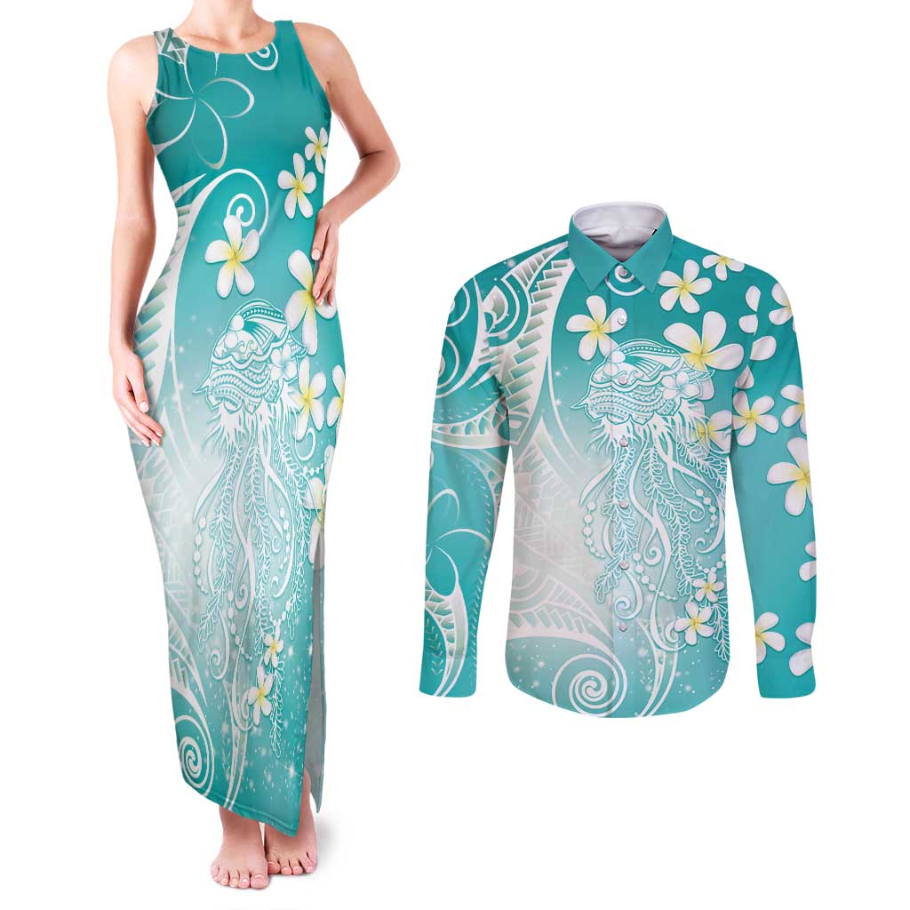 Polynesian Jellyfish Couples Matching Tank Maxi Dress and Long Sleeve Button Shirt With Plumeria Teal LT05 Teal - Polynesian Pride