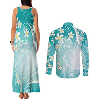 Polynesian Jellyfish Couples Matching Tank Maxi Dress and Long Sleeve Button Shirt With Plumeria Teal