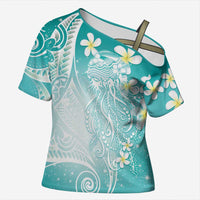 Polynesian Jellyfish Cross Shoulder Shirt With Plumeria Teal