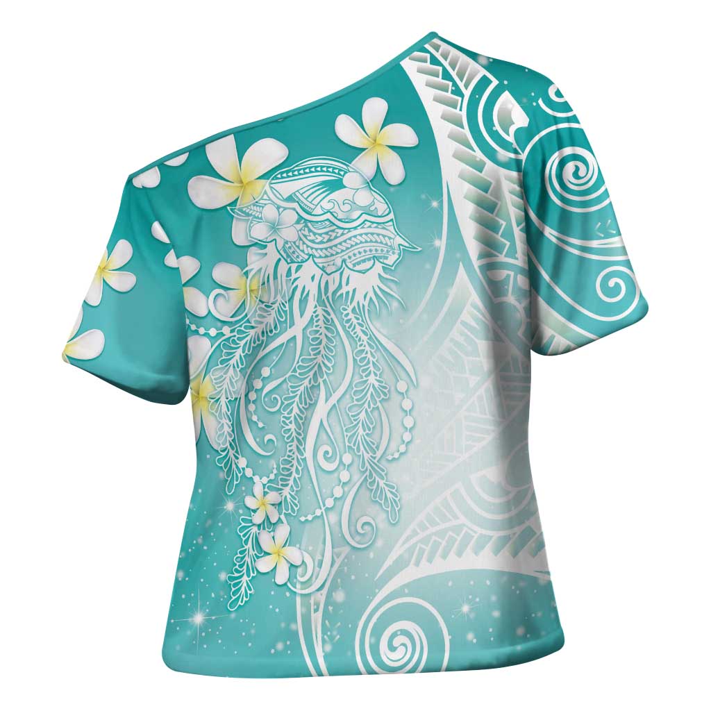 Polynesian Jellyfish Cross Shoulder Shirt With Plumeria Teal