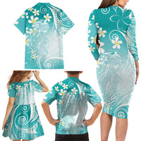 Polynesian Jellyfish Family Matching Long Sleeve Bodycon Dress and Hawaiian Shirt With Plumeria Teal LT05 - Polynesian Pride