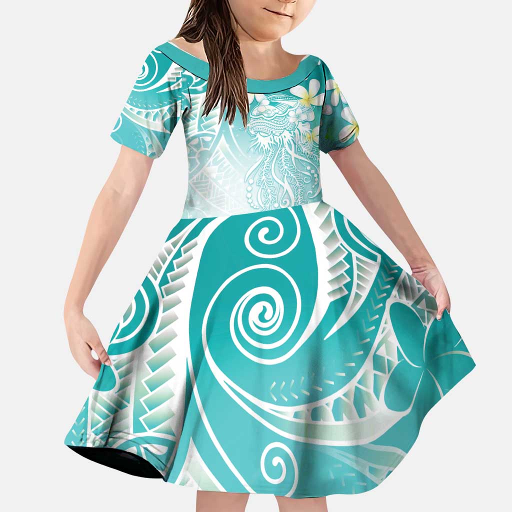 Polynesian Jellyfish Family Matching Mermaid Dress and Hawaiian Shirt With Plumeria Teal LT05 Daughter's Dress Teal - Polynesian Pride