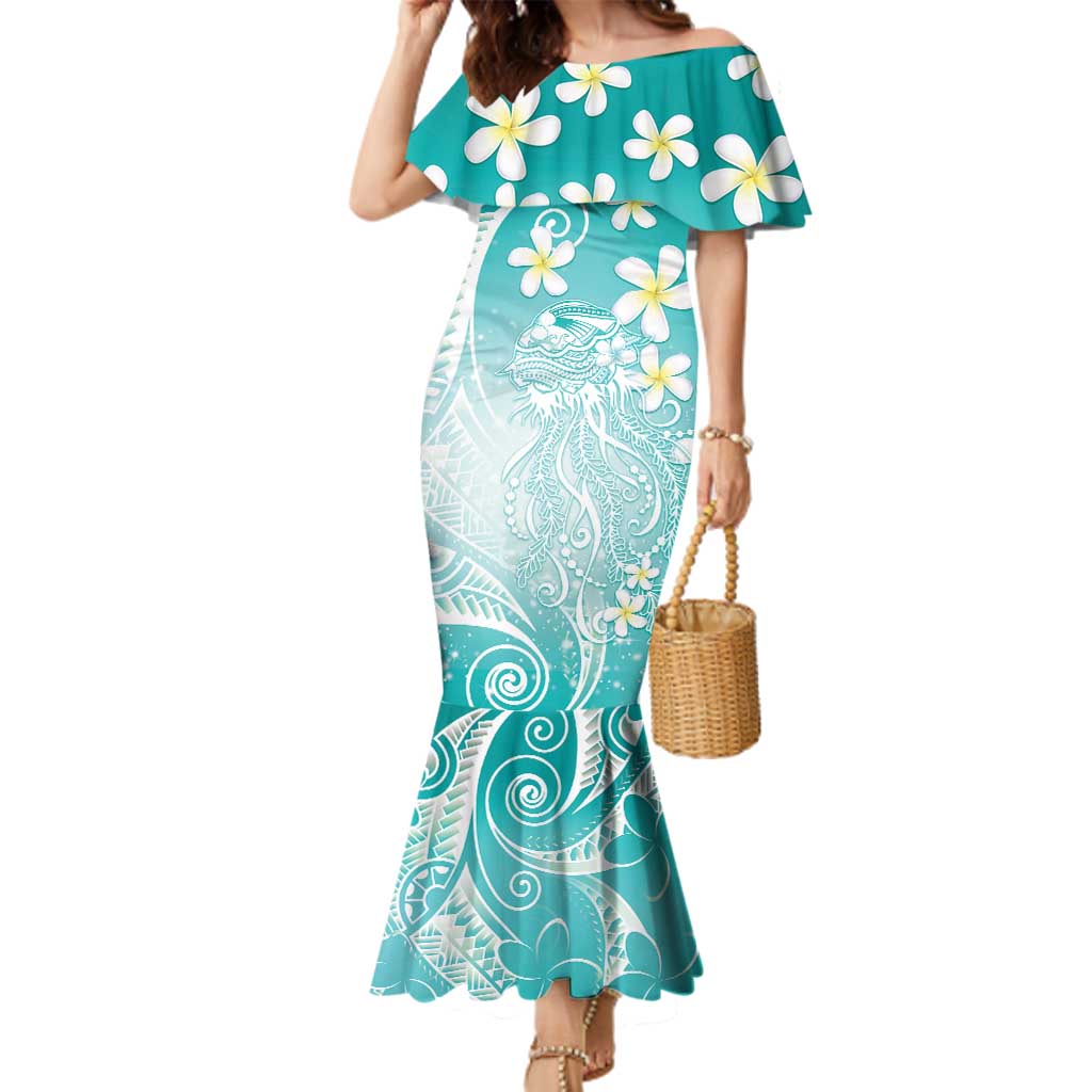 Polynesian Jellyfish Family Matching Mermaid Dress and Hawaiian Shirt With Plumeria Teal LT05 Mom's Dress Teal - Polynesian Pride