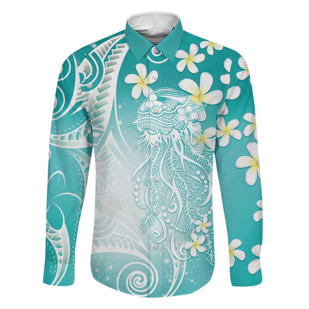 Polynesian Jellyfish Family Matching Off The Shoulder Long Sleeve Dress and Hawaiian Shirt With Plumeria Teal LT05 Dad's Shirt - Long Sleeve Teal - Polynesian Pride