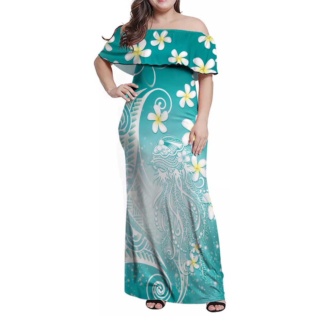 Polynesian Jellyfish Family Matching Off Shoulder Maxi Dress and Hawaiian Shirt With Plumeria Teal LT05 Mom's Dress Teal - Polynesian Pride
