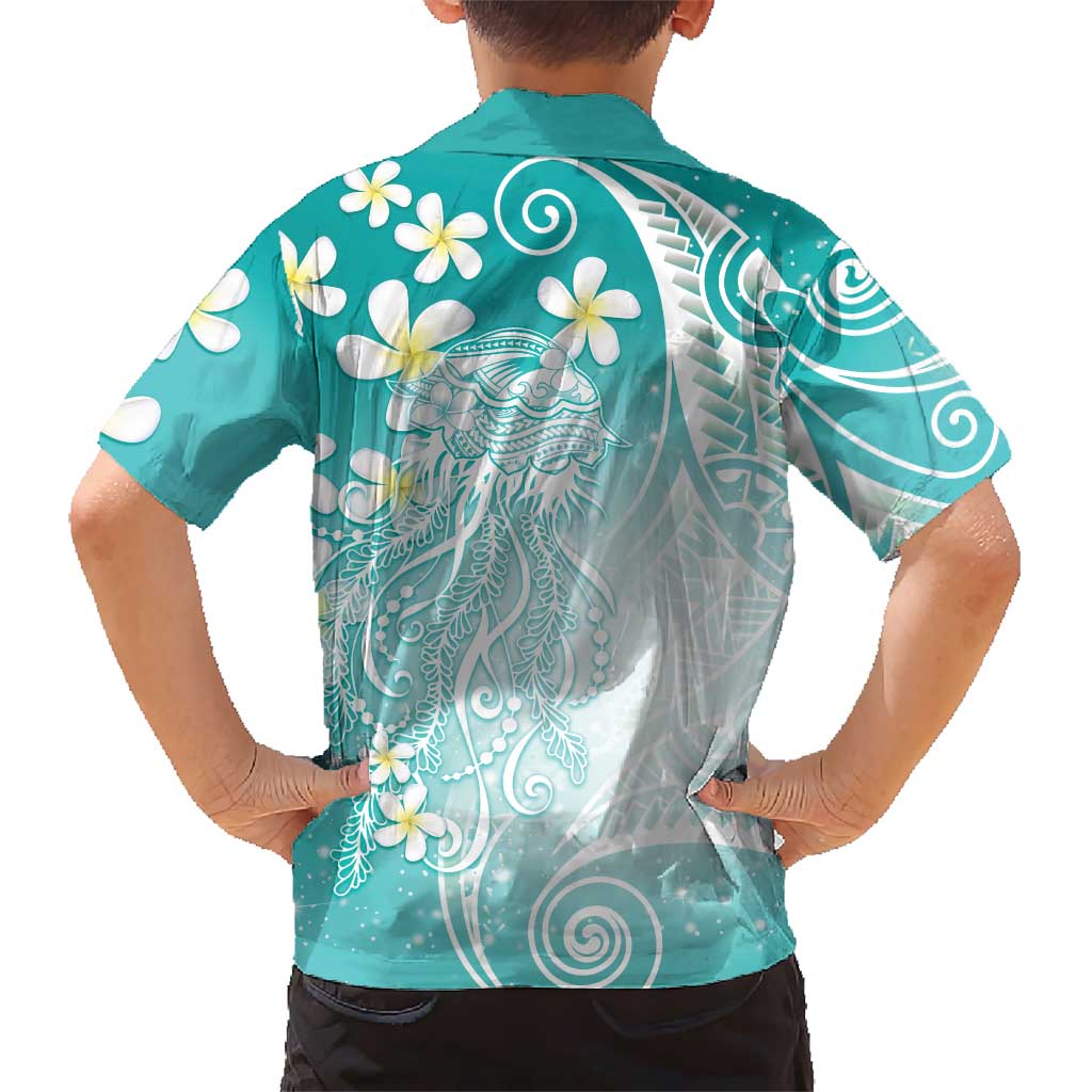 Polynesian Jellyfish Family Matching Off Shoulder Short Dress and Hawaiian Shirt With Plumeria Teal LT05 - Polynesian Pride