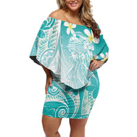 Polynesian Jellyfish Family Matching Off Shoulder Short Dress and Hawaiian Shirt With Plumeria Teal LT05 Mom's Dress Teal - Polynesian Pride