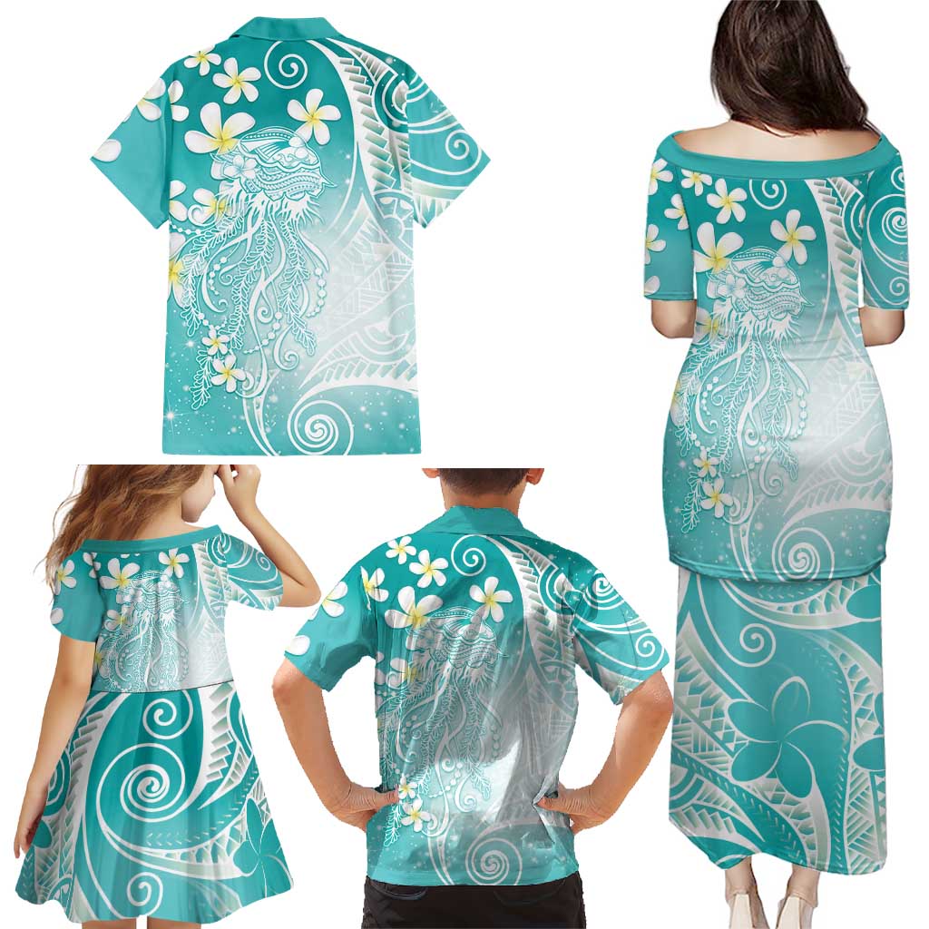 Polynesian Jellyfish Family Matching Puletasi and Hawaiian Shirt With Plumeria Teal LT05 - Polynesian Pride