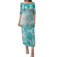 Polynesian Jellyfish Family Matching Puletasi and Hawaiian Shirt With Plumeria Teal LT05 Mom's Dress Teal - Polynesian Pride