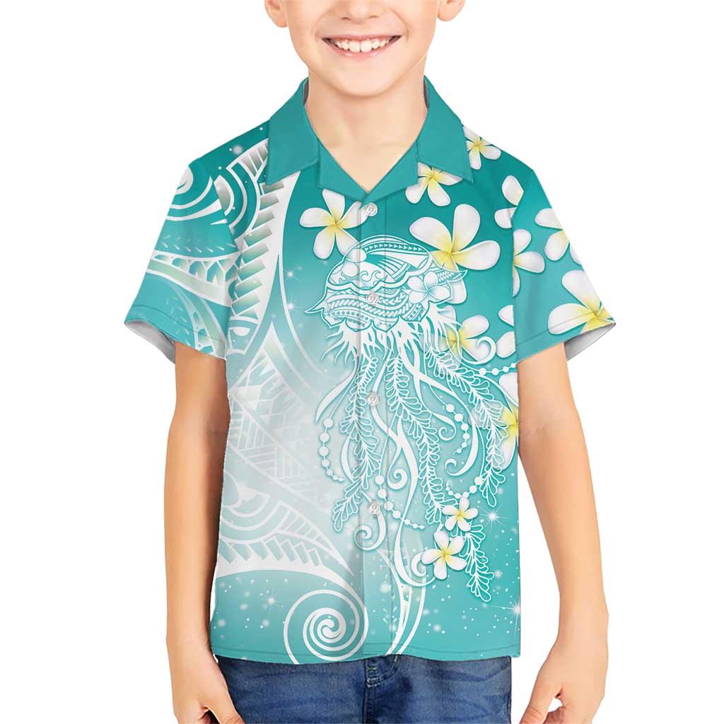 Polynesian Jellyfish Family Matching Puletasi and Hawaiian Shirt With Plumeria Teal LT05 Son's Shirt Teal - Polynesian Pride