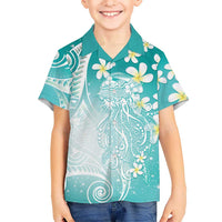 Polynesian Jellyfish Family Matching Puletasi and Hawaiian Shirt With Plumeria Teal LT05 Son's Shirt Teal - Polynesian Pride