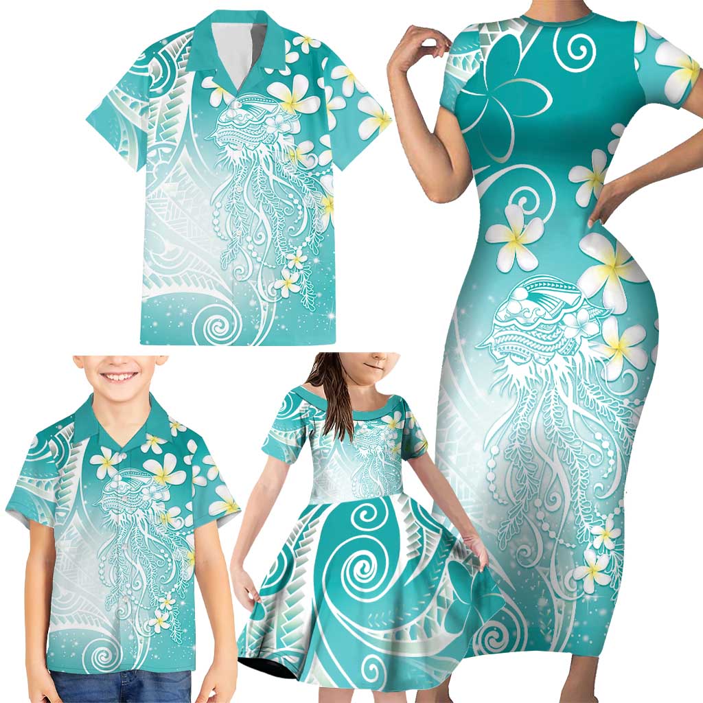 Polynesian Jellyfish Family Matching Short Sleeve Bodycon Dress and Hawaiian Shirt With Plumeria Teal LT05 - Polynesian Pride