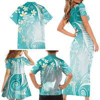 Polynesian Jellyfish Family Matching Short Sleeve Bodycon Dress and Hawaiian Shirt With Plumeria Teal LT05 - Polynesian Pride