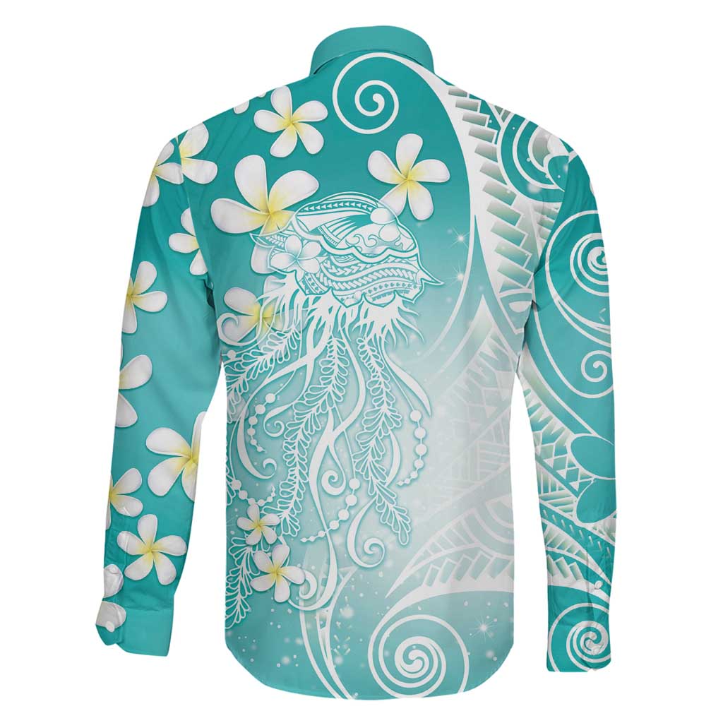 Polynesian Jellyfish Family Matching Short Sleeve Bodycon Dress and Hawaiian Shirt With Plumeria Teal LT05 - Polynesian Pride