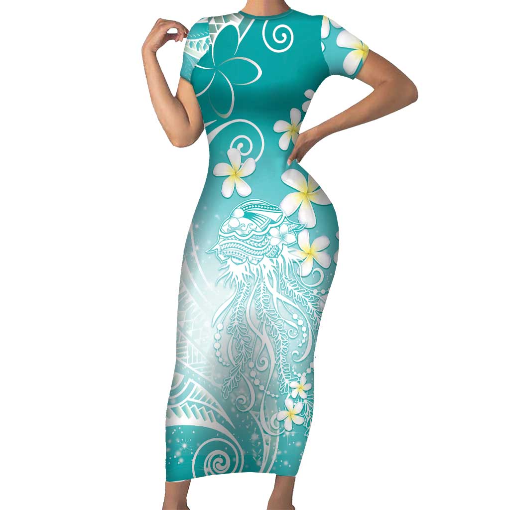 Polynesian Jellyfish Family Matching Short Sleeve Bodycon Dress and Hawaiian Shirt With Plumeria Teal LT05 Mom's Dress Teal - Polynesian Pride