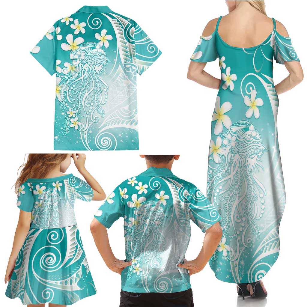 Polynesian Jellyfish Family Matching Summer Maxi Dress and Hawaiian Shirt With Plumeria Teal LT05 - Polynesian Pride