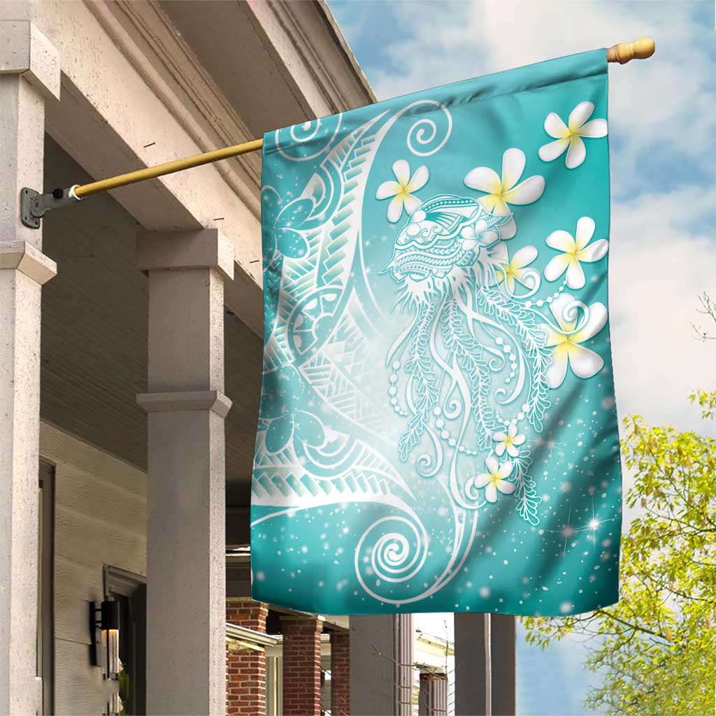 Polynesian Jellyfish Garden Flag With Plumeria Teal