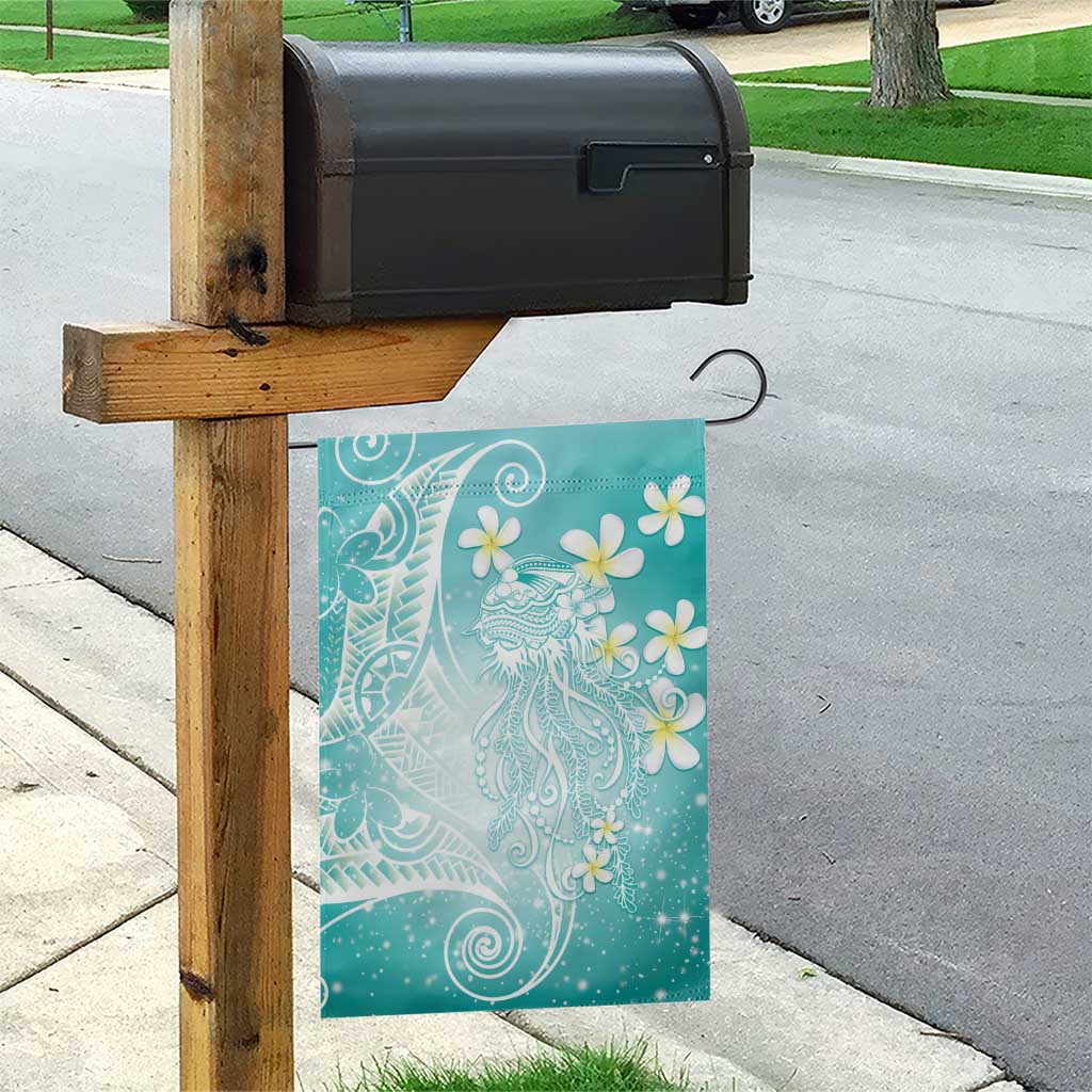 Polynesian Jellyfish Garden Flag With Plumeria Teal