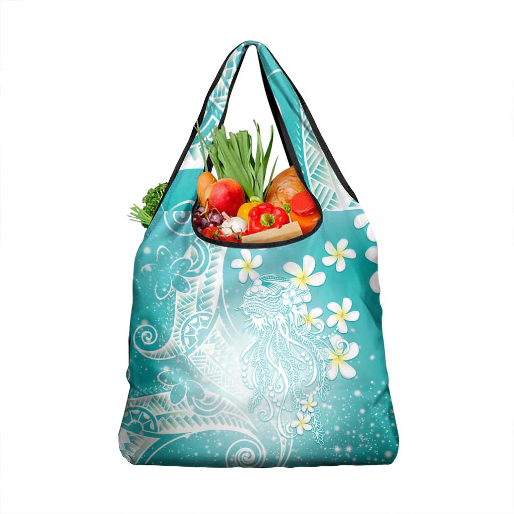 Polynesian Jellyfish Grocery Bag With Plumeria Teal