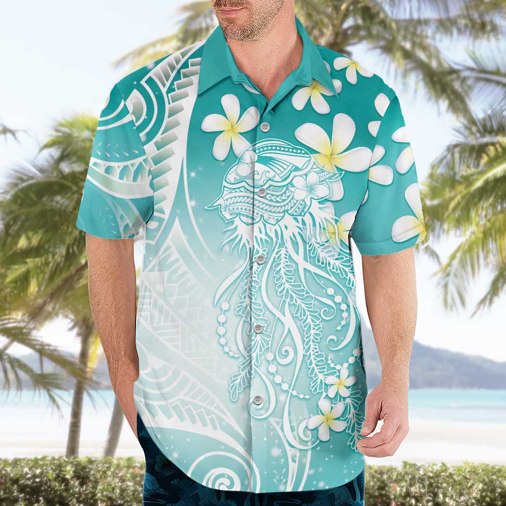 Polynesian Jellyfish Hawaiian Shirt With Plumeria Teal LT05 - Polynesian Pride