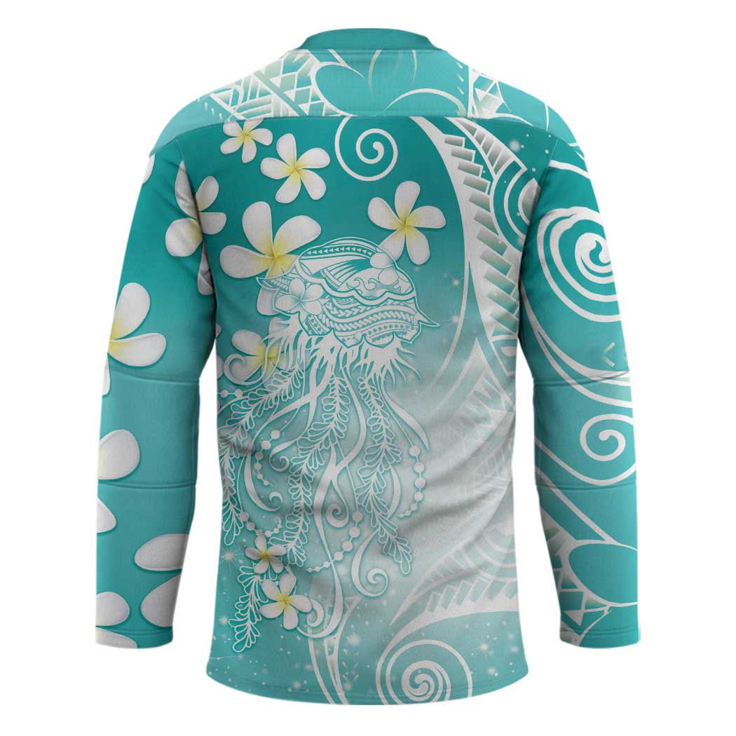 Polynesian Jellyfish Hockey Jersey With Plumeria Teal LT05 - Polynesian Pride