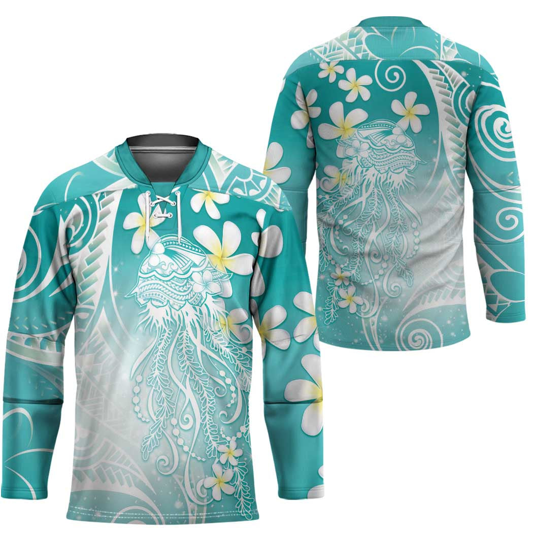 Polynesian Jellyfish Hockey Jersey With Plumeria Teal LT05 - Polynesian Pride