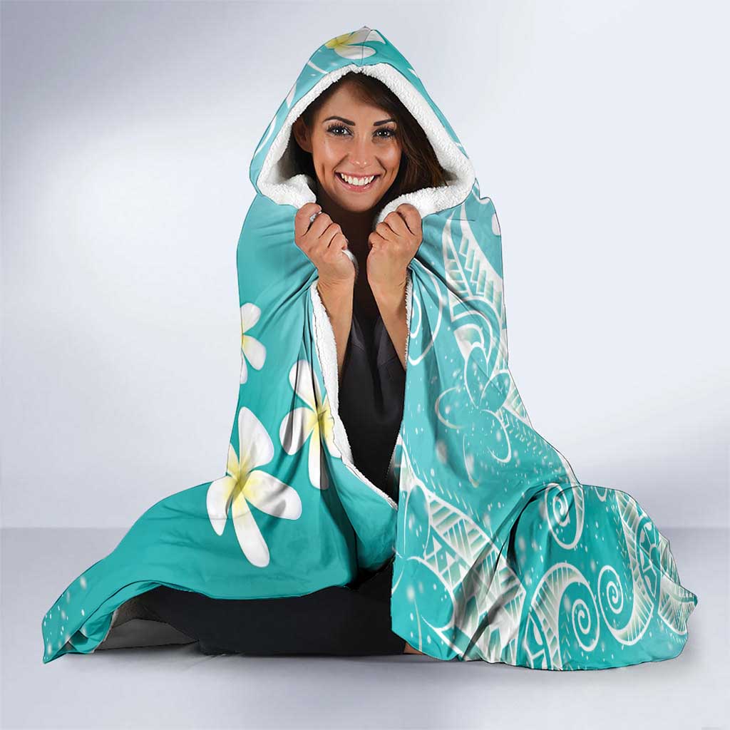 Polynesian Jellyfish Hooded Blanket With Plumeria Teal