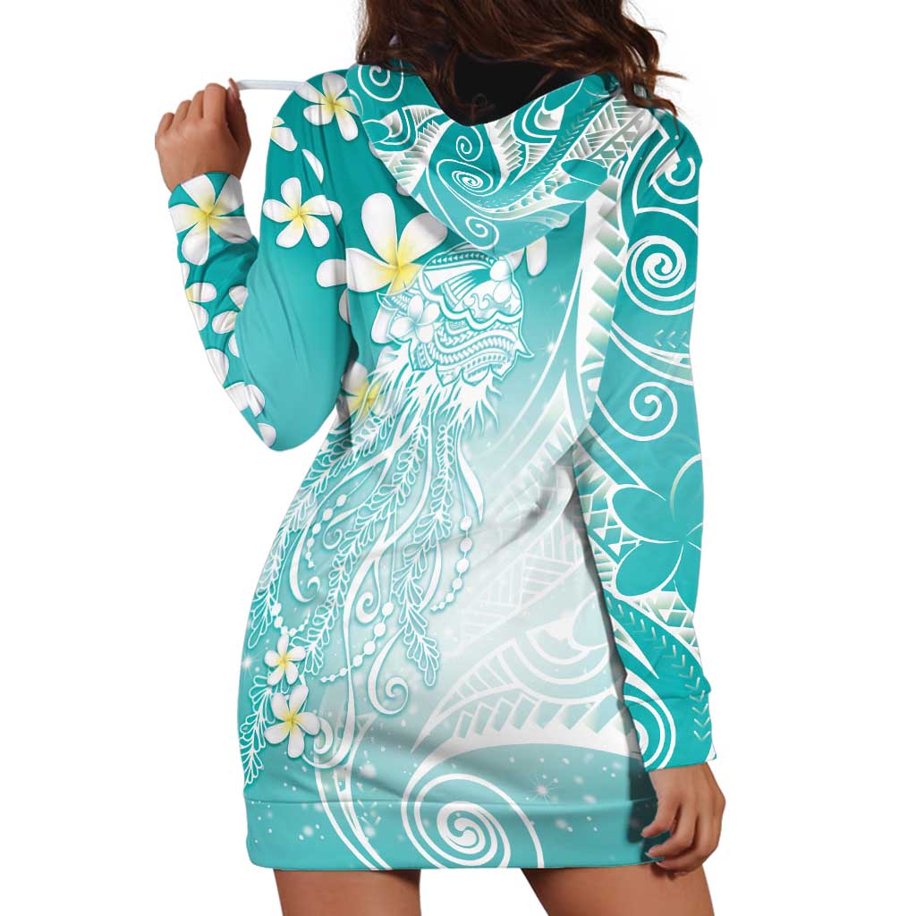 Polynesian Jellyfish Hoodie Dress With Plumeria Teal