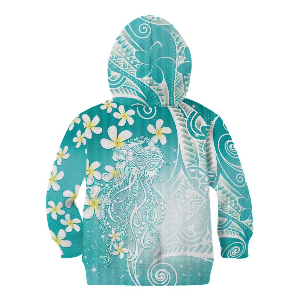Polynesian Jellyfish Kid Hoodie With Plumeria Teal