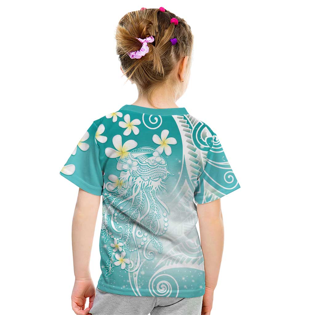 Polynesian Jellyfish Kid T Shirt With Plumeria Teal