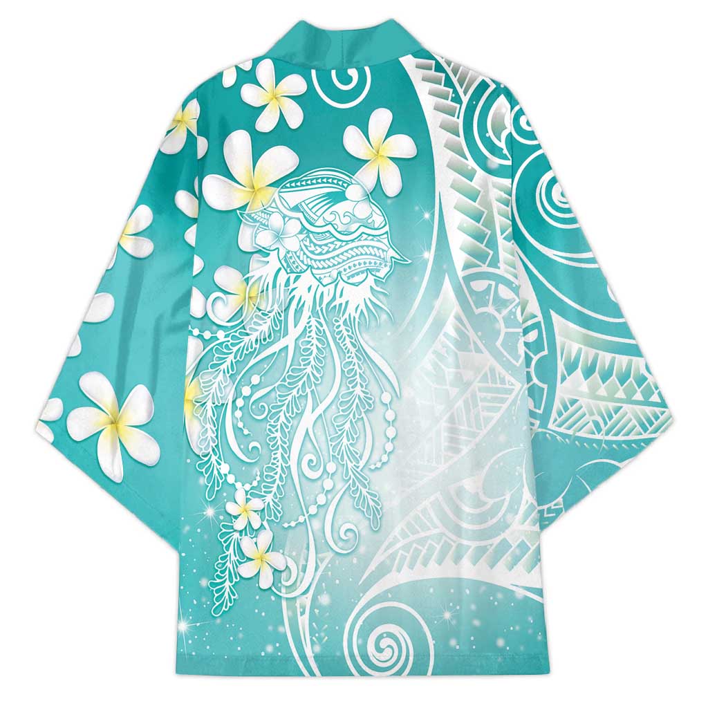 Polynesian Jellyfish Kimono With Plumeria Teal
