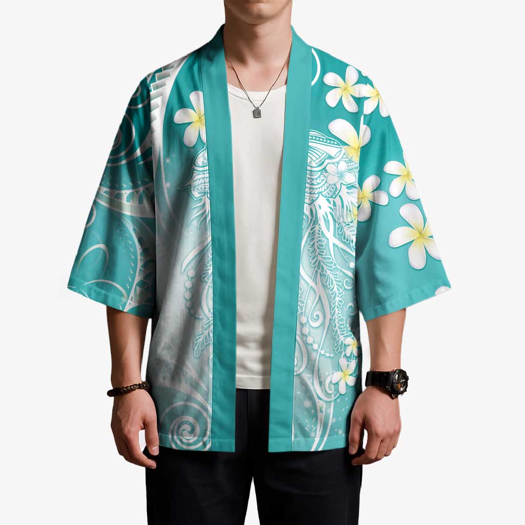 Polynesian Jellyfish Kimono With Plumeria Teal