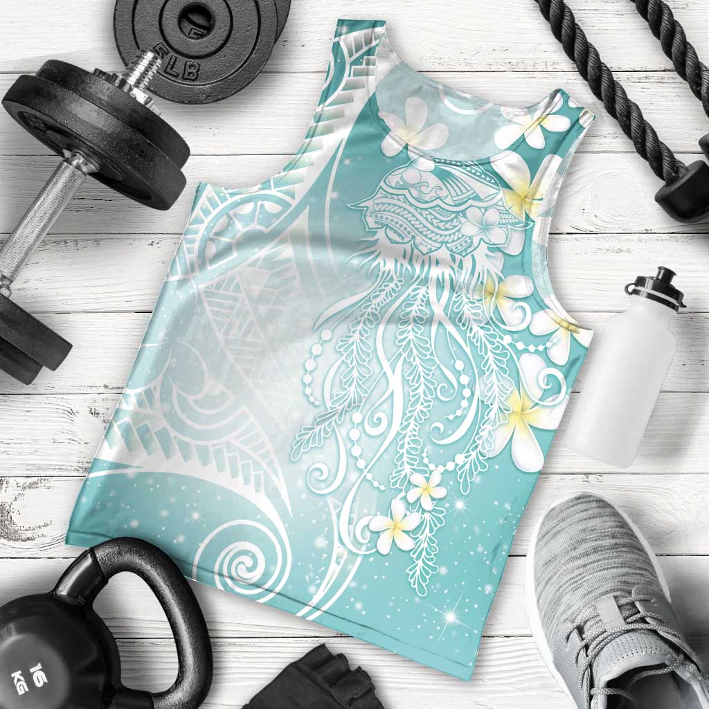 Polynesian Jellyfish Men Tank Top With Plumeria Teal