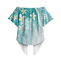 Polynesian Jellyfish Off Shoulder Wrap Waist Top With Plumeria Teal LT05 - Polynesian Pride