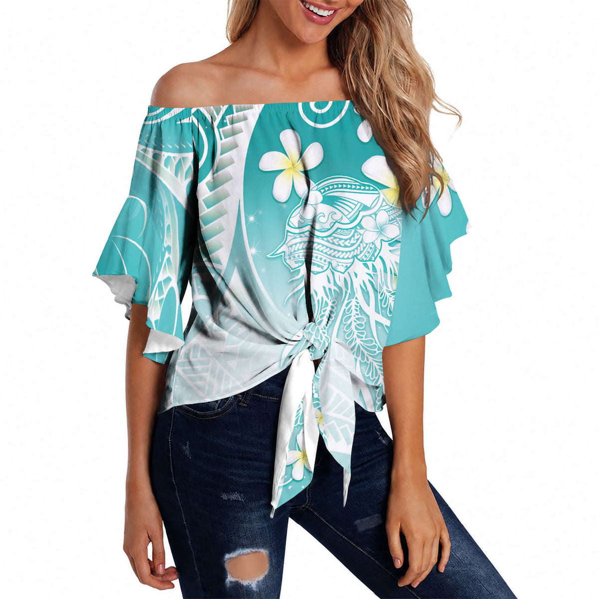Polynesian Jellyfish Off Shoulder Wrap Waist Top With Plumeria Teal LT05 - Polynesian Pride
