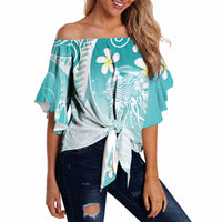 Polynesian Jellyfish Off Shoulder Wrap Waist Top With Plumeria Teal LT05 - Polynesian Pride