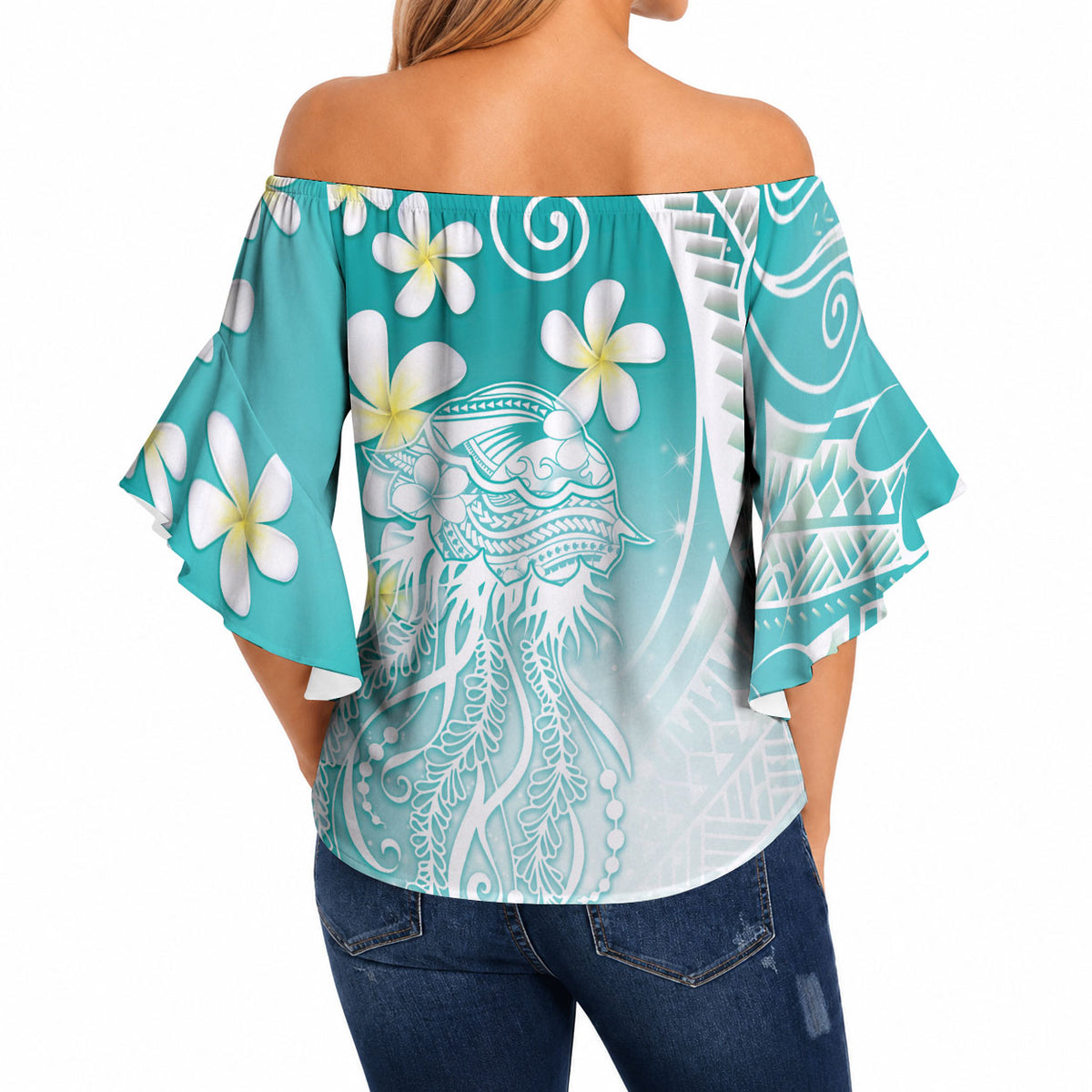 Polynesian Jellyfish Off Shoulder Wrap Waist Top With Plumeria Teal LT05 - Polynesian Pride