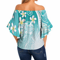 Polynesian Jellyfish Off Shoulder Wrap Waist Top With Plumeria Teal LT05 - Polynesian Pride