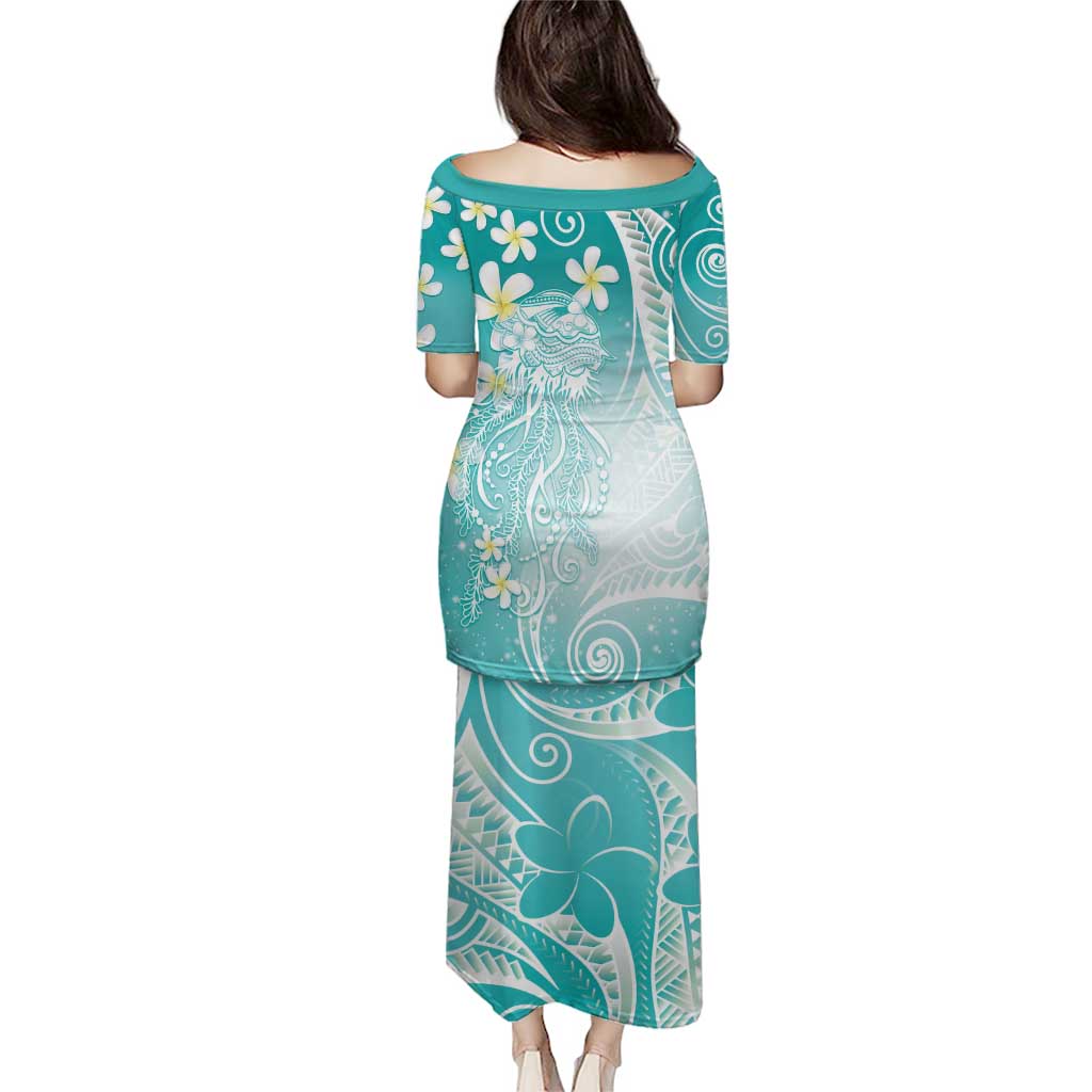 Polynesian Jellyfish Puletasi With Plumeria Teal