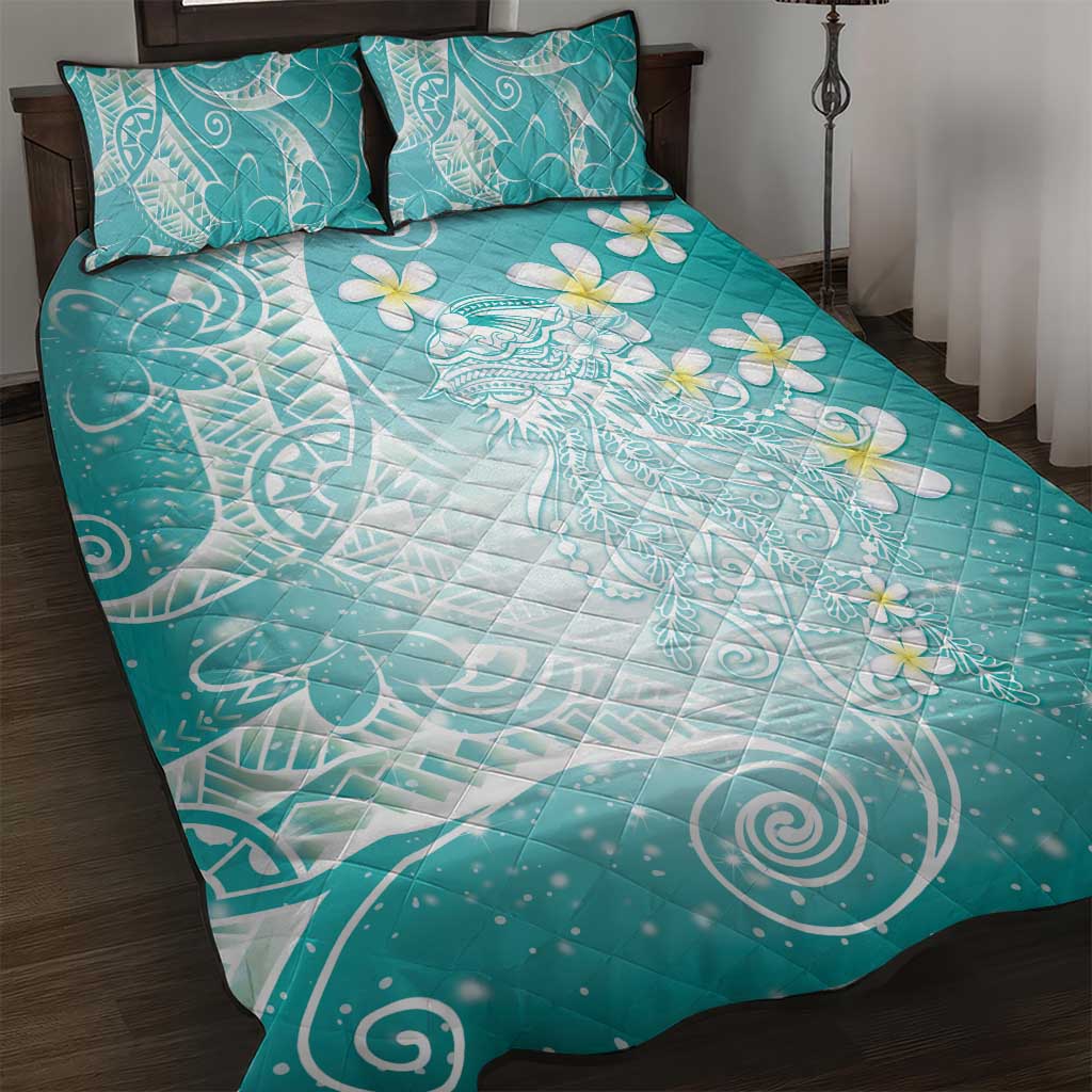 Polynesian Jellyfish Quilt Bed Set With Plumeria Teal