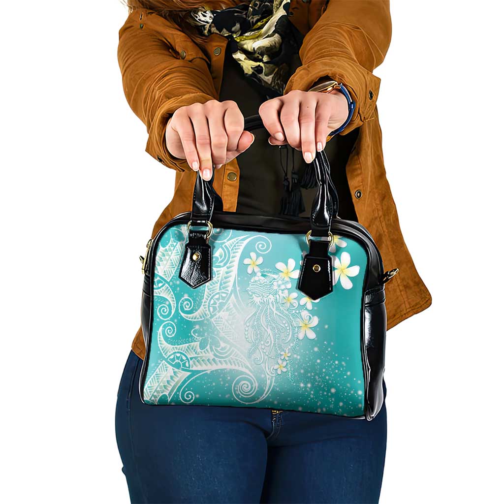 Polynesian Jellyfish Shoulder Handbag With Plumeria Teal