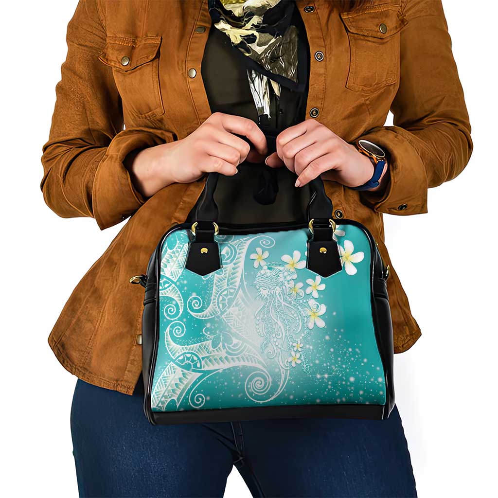 Polynesian Jellyfish Shoulder Handbag With Plumeria Teal