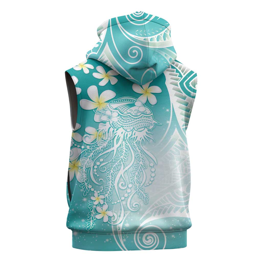Polynesian Jellyfish Sleeveless Zip Hoodie With Plumeria Teal